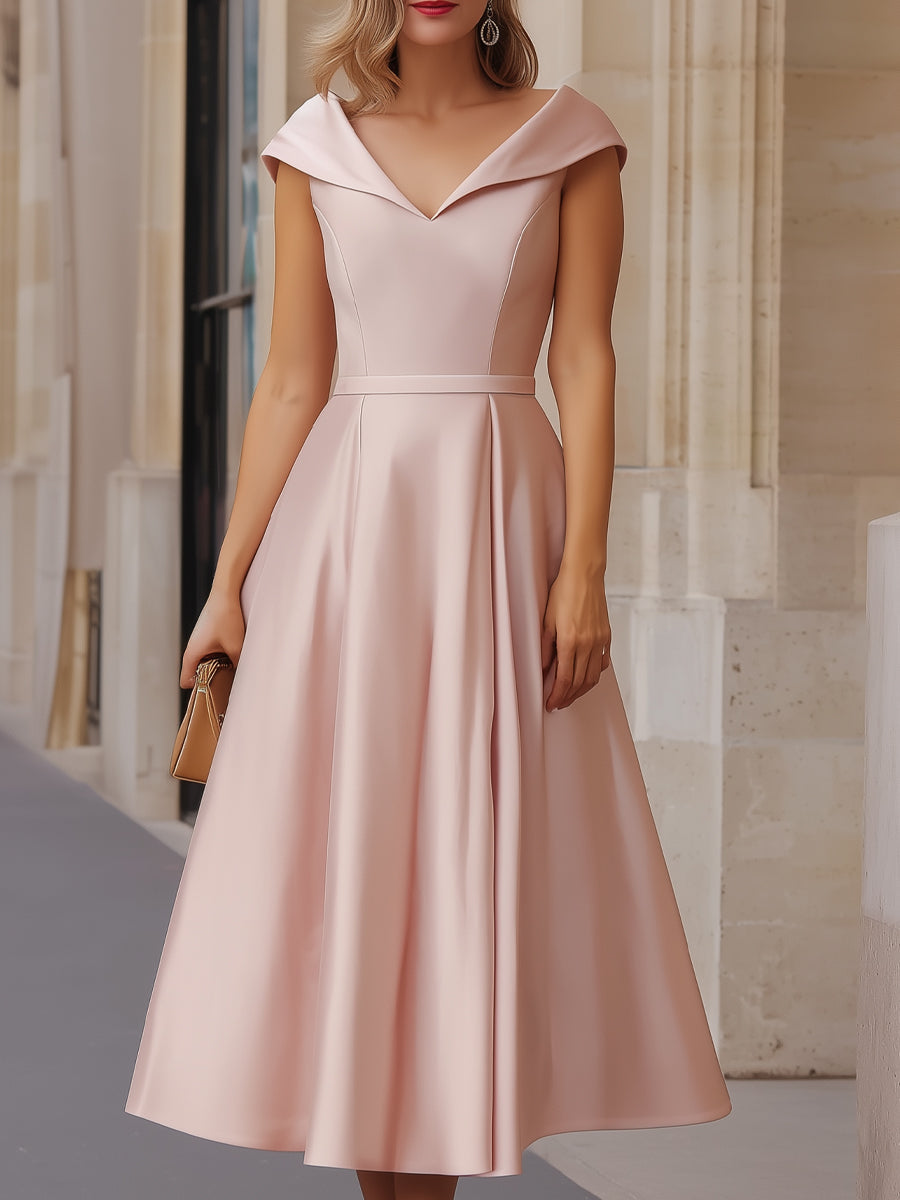 Blush Satin Off-the-Shoulder Midi Dress