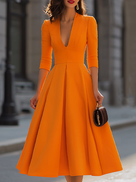 Orange Deep V-Neck Fit-and-Flare Midi Dress