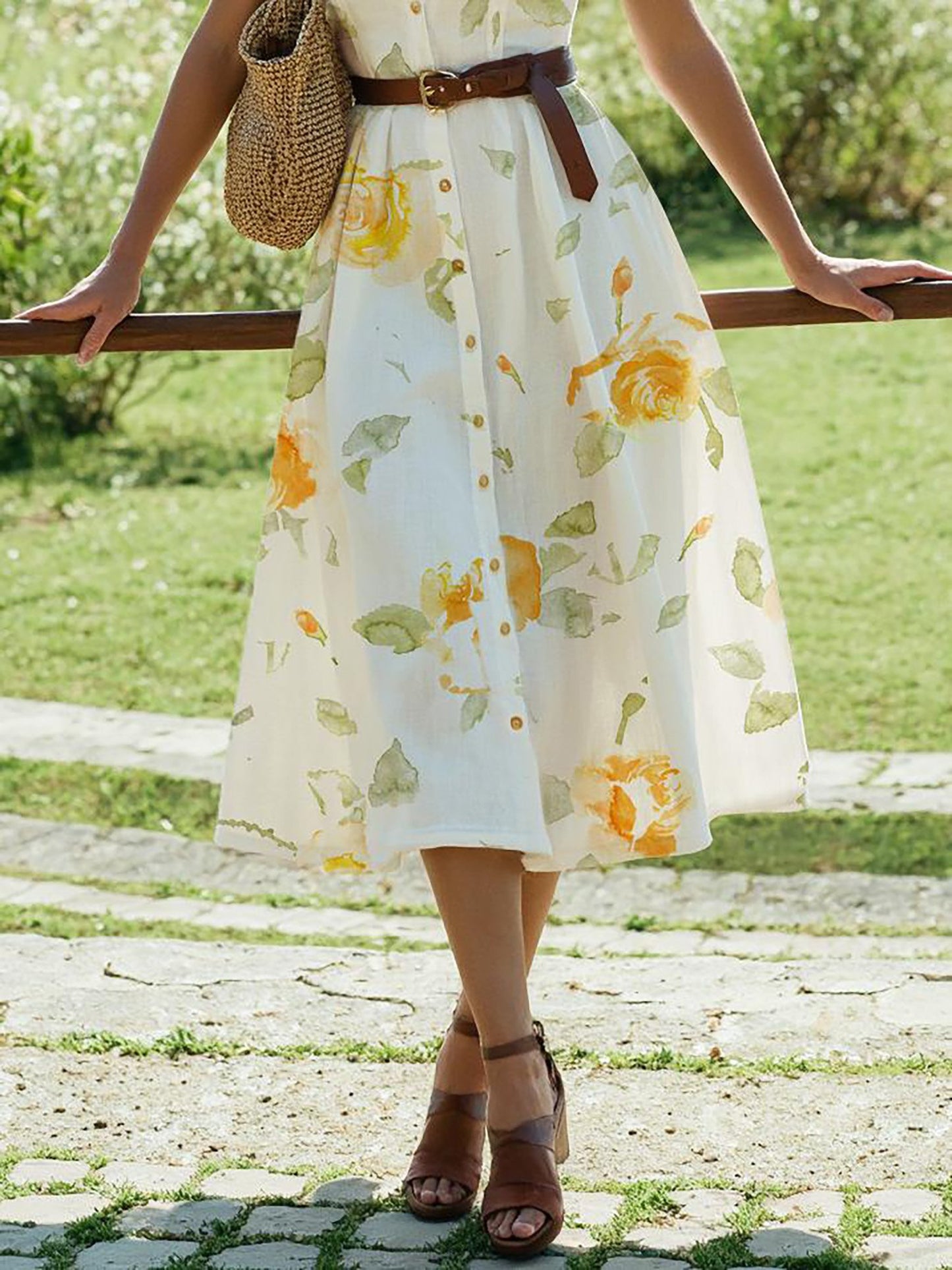 Linen Midi Dress, Short Sleeve, Floral, Vintage, White