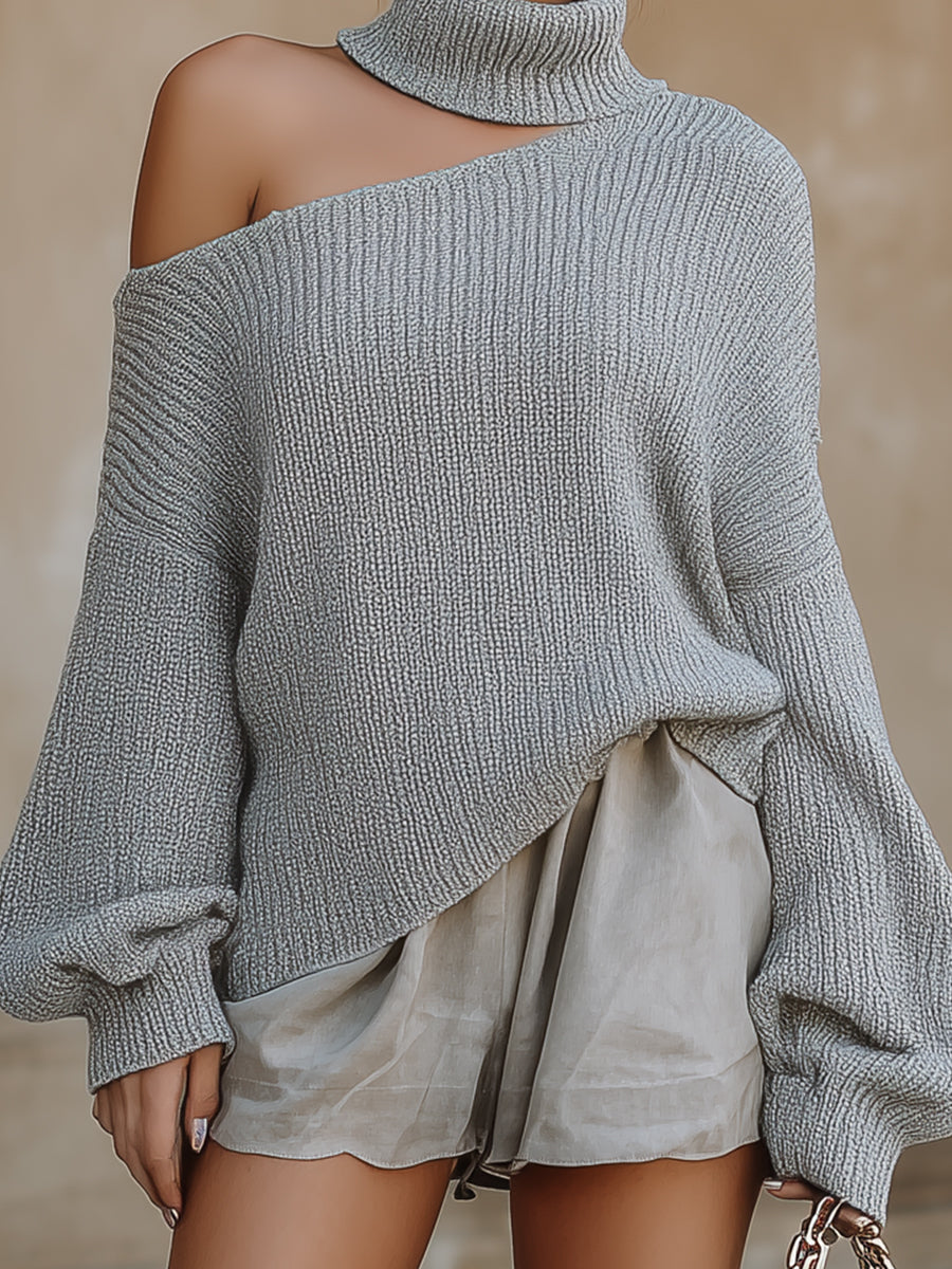 Symmetric Off-Shoulder Turtleneck Knit Sweater