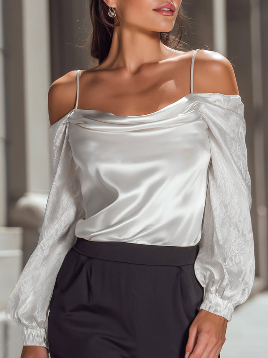 Off-Shoulder Satin Blouse With Textured Sleeves