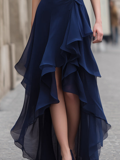 Spaghetti Strap Asymmetric Ruffle High-Low Evening Dress