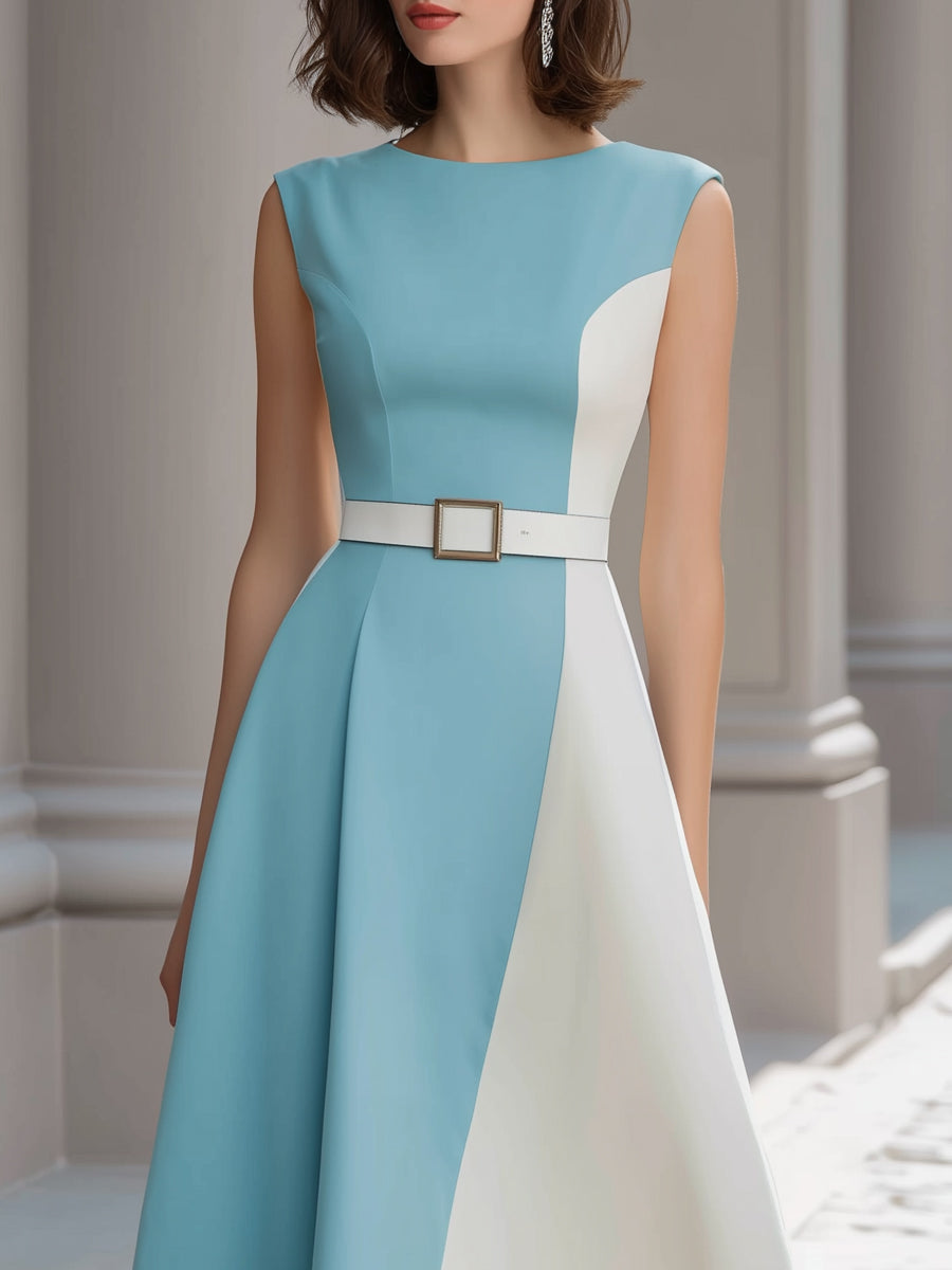 Colorblock Belted Sleeveless A-Line Midi Dress