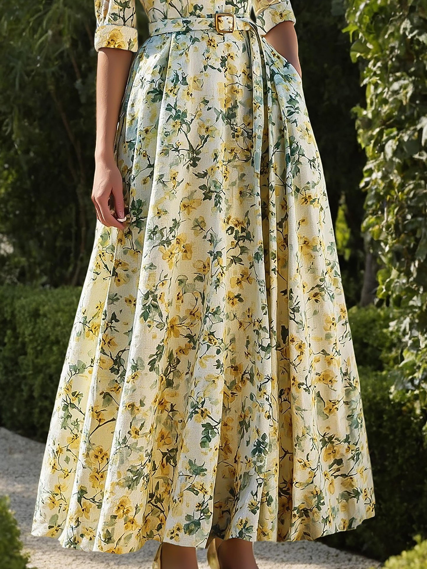 Maxi Linen Dress, Half Sleeve, Shawl Collar, Floral, Button Design, Vintage, Beige