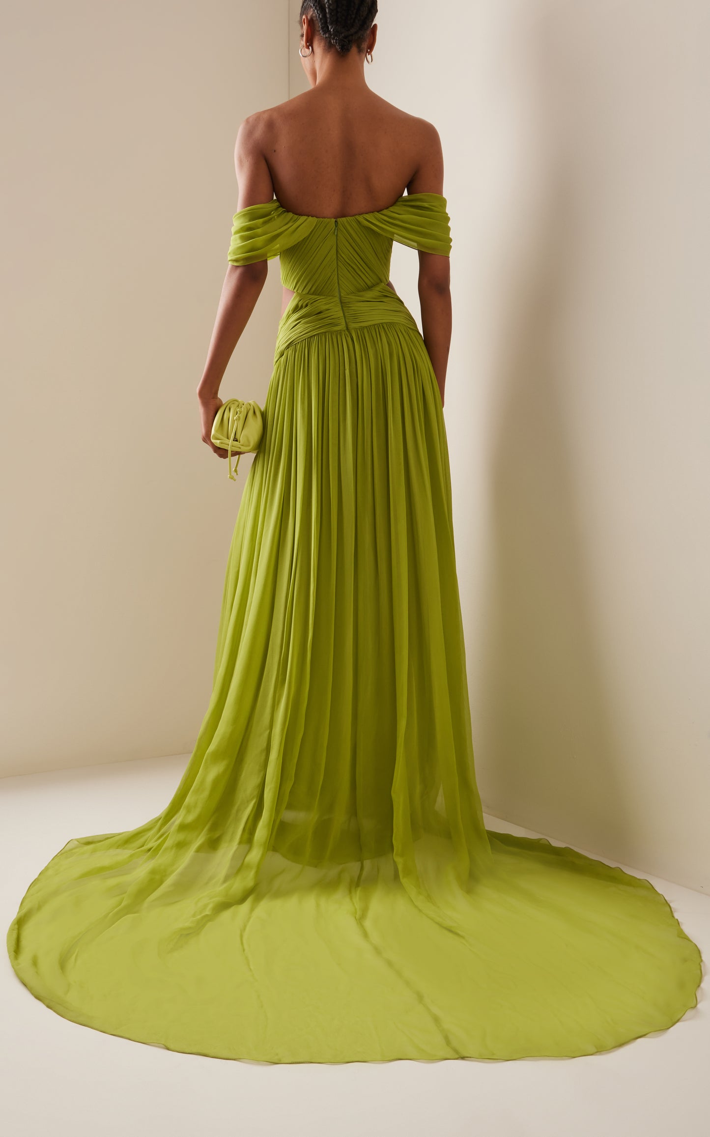 Pleated Chiffon Off-The-Shoulder Gown