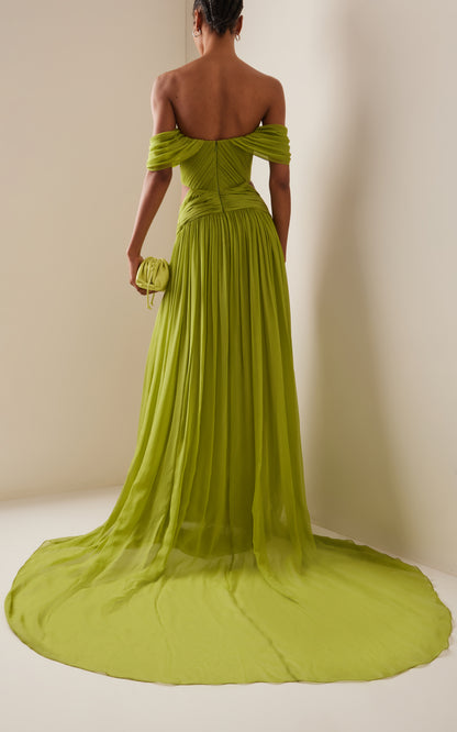 Pleated Chiffon Off-The-Shoulder Gown