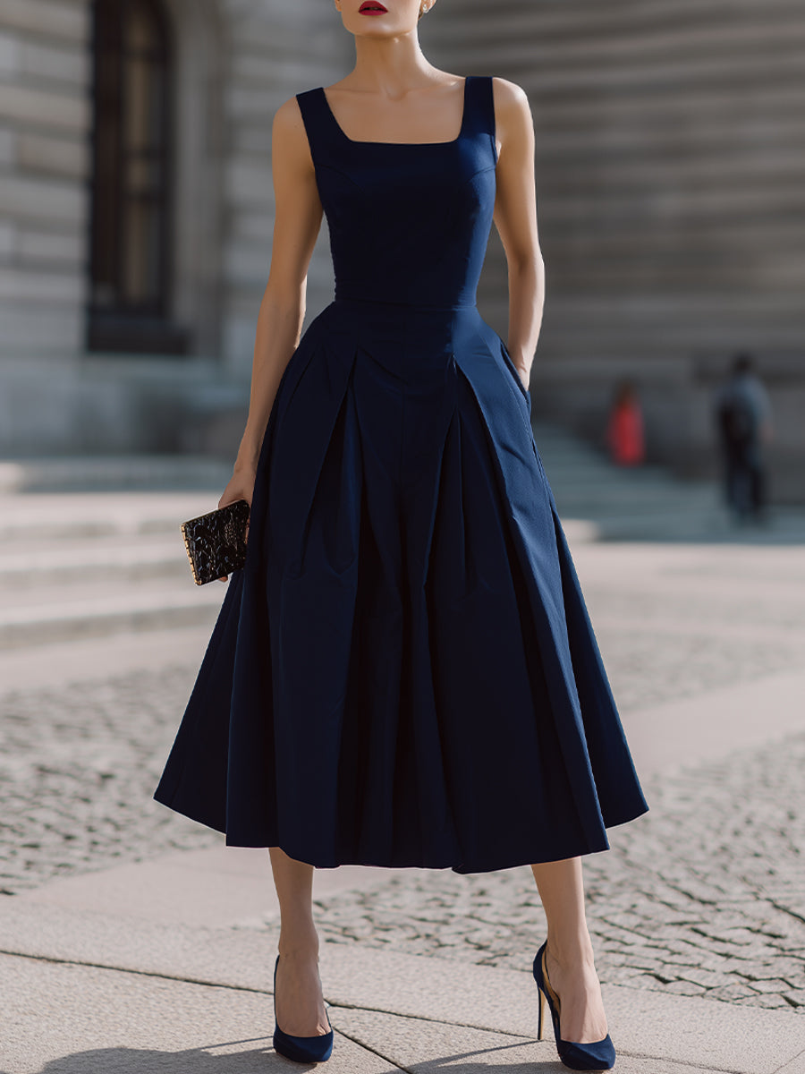 Square Neck Structured Pleated Midi Dress