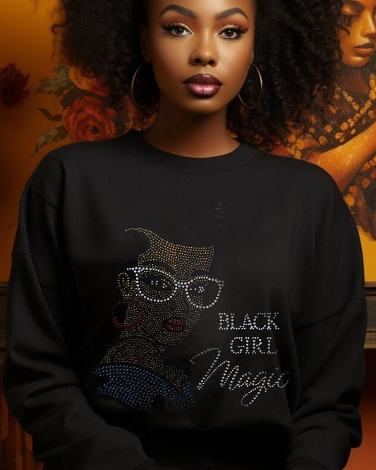 Black girl sunglasses hot diamond printed casual women's round neck sweatshirt