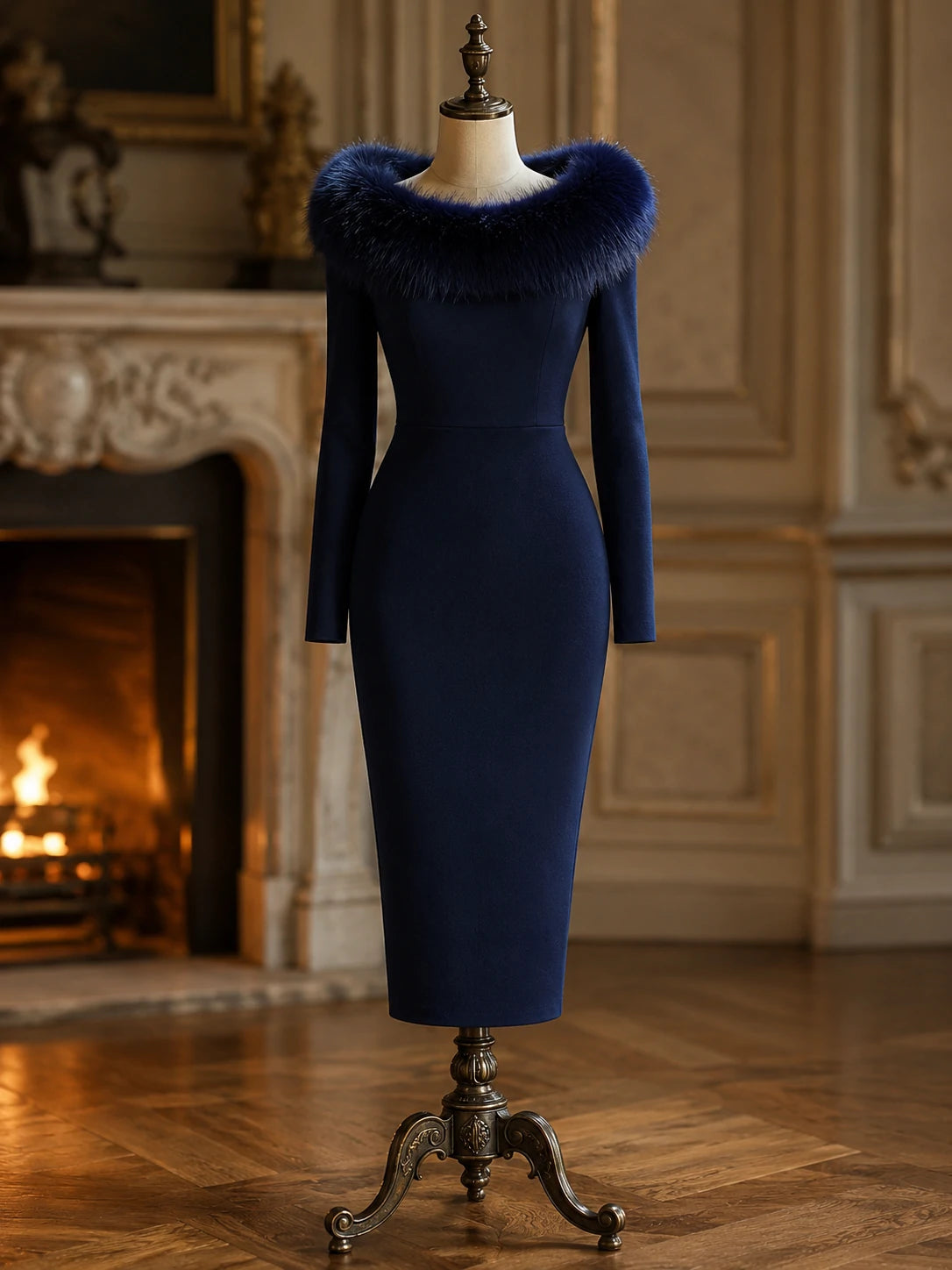 Navy Blue Faux Fur Collar Bodycon Midi Dress – Office to Dinner