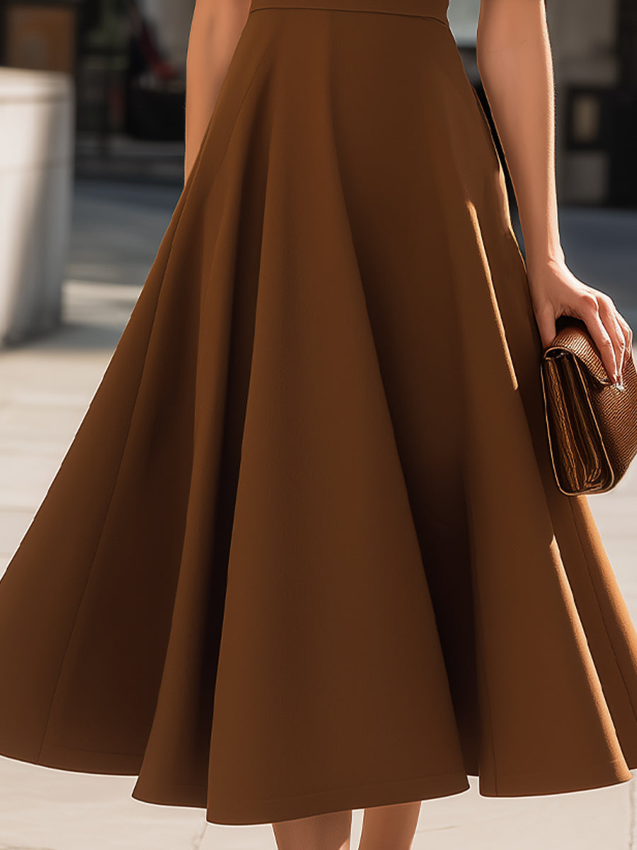 Black & Camel Polo Collar Fit-and-Flare Midi Dress