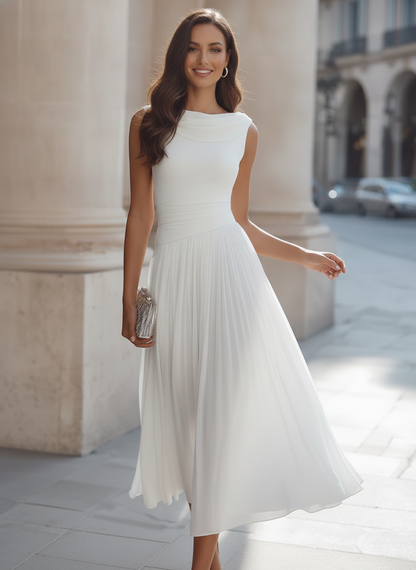 Commanding Elegance Sleeveless Draped Neck Pleated Midi Dress for Work & Evening