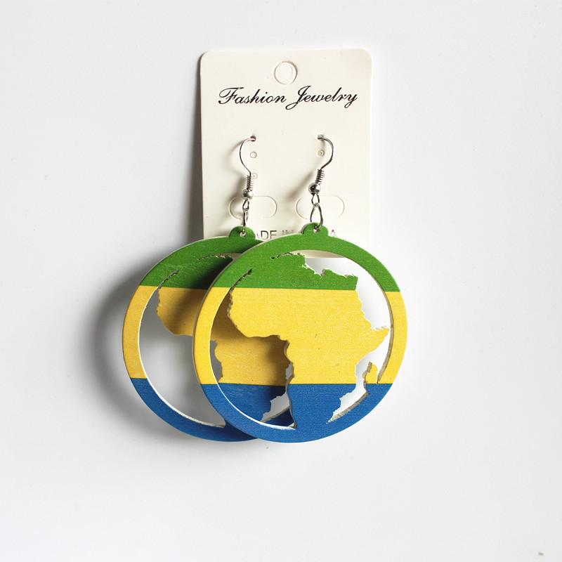 African Map Painted Color Block Printed Wooden Earrings