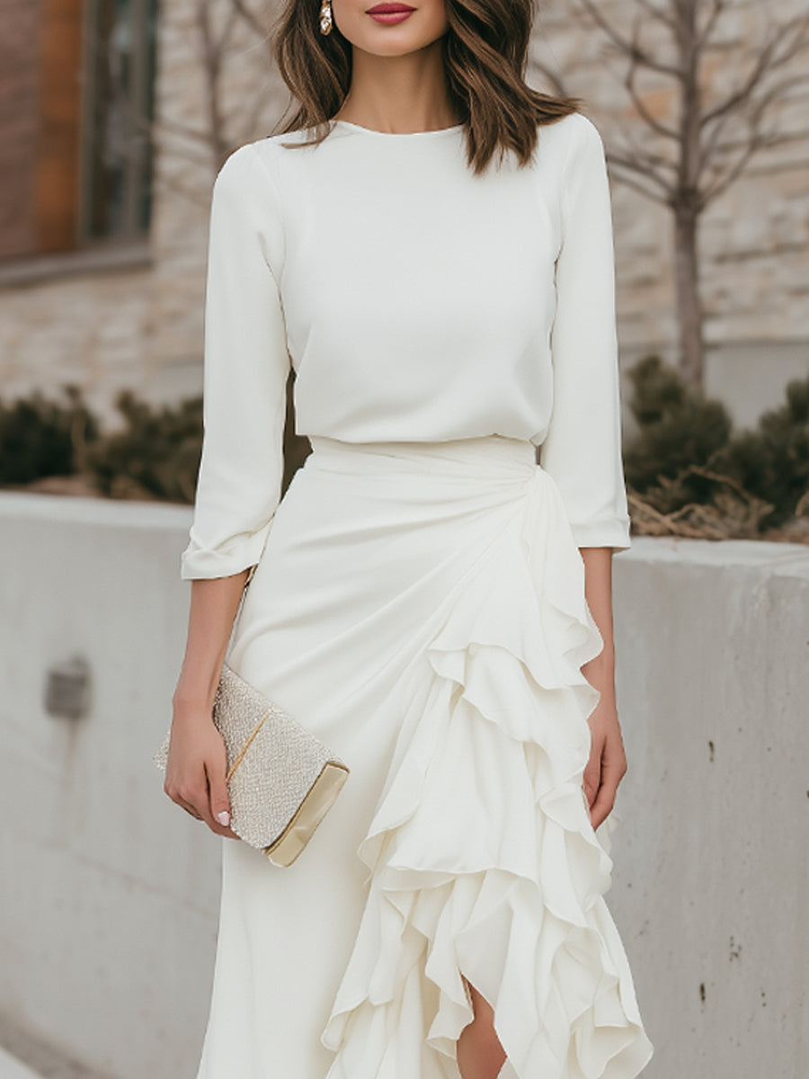 Long Sleeve Round Neck Top And Asymmetrical Ruffle Skirt Set