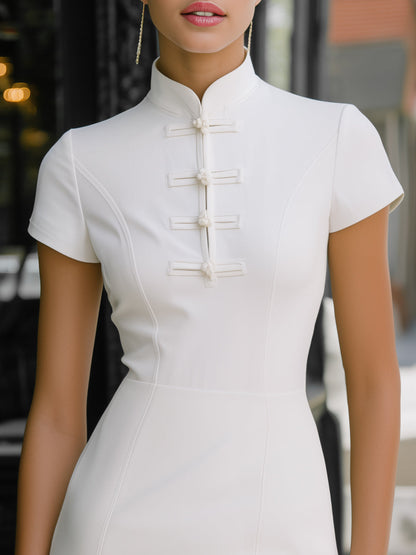 Mandarin Collar Modern Knot-button Mini Dress