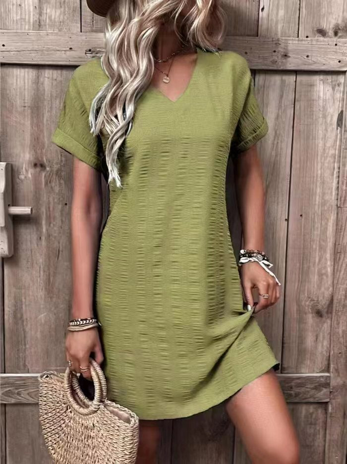 Fashion Sexy Slim V-neck Solid Color Short Sleeve Dress