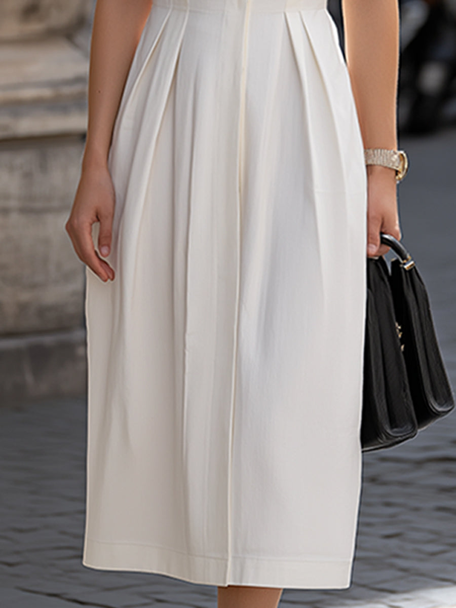 Structured Short Sleeve Shirt Collar Pleated Midi Dress