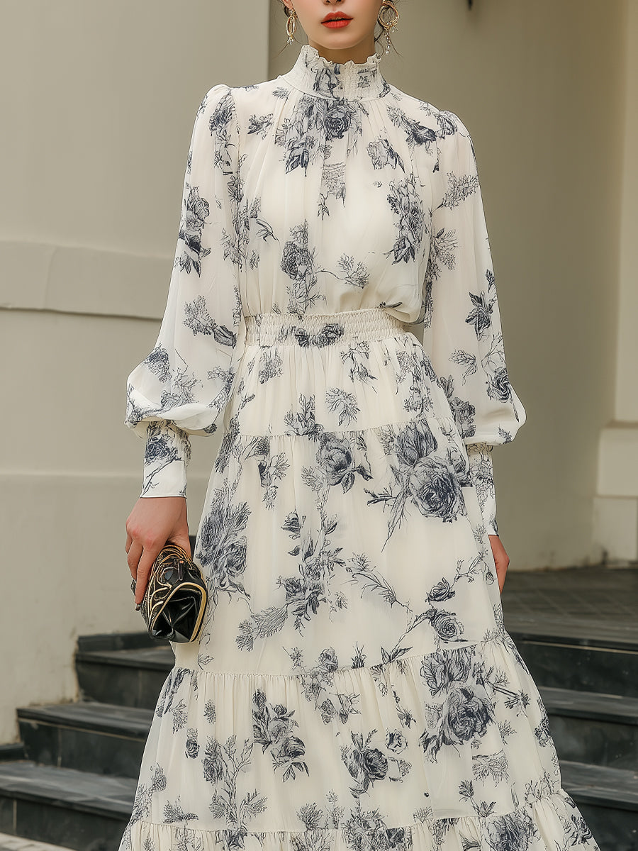 High Neck Tiered Floral Midi Dress