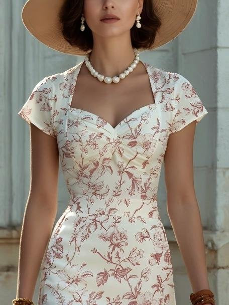 Midi Linen Dress, Short Sleeves, Sweetheart Neck, Floral, Ruffles, Vintage, Blue