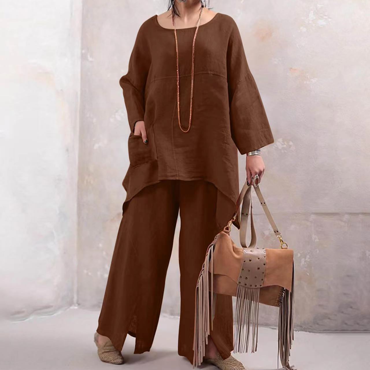 Spring and Autumn Long Sleeve Round Neck Top + Pants Two-Piece Set