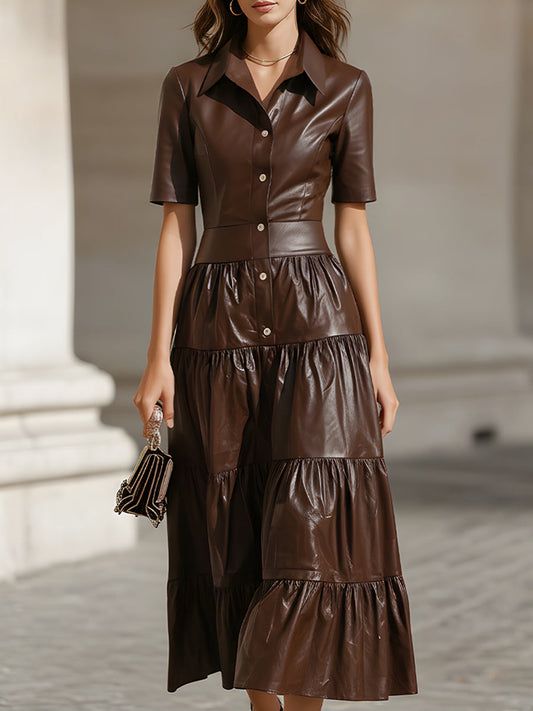 Chocolate Brown Tiered Faux Leather Shirt Dress