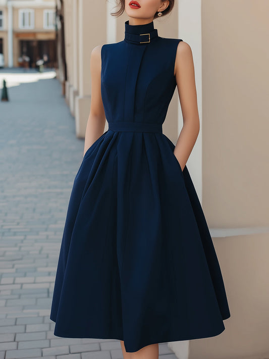 Belted High-Neck Sleeveless A-Line Dress