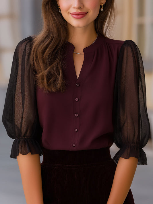 Sheer Puff Sleeve Button-Up Blouse