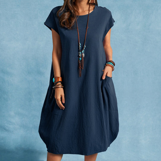 Cotton and Linen Loose Casual Solid Color Dress