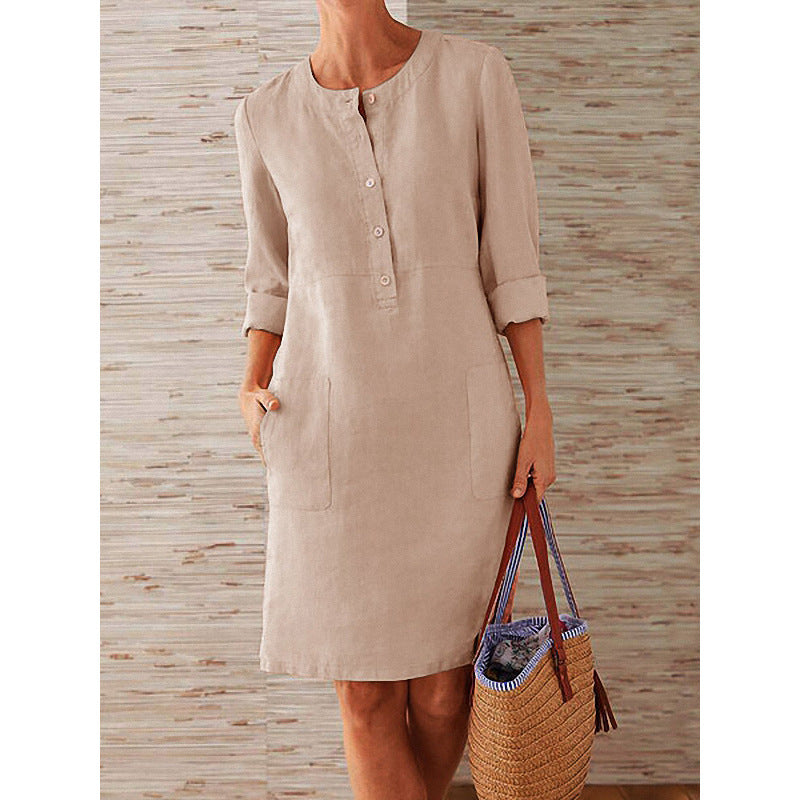 Plus Size Spring NEW round Neck Solid Color Long Sleeve Dress