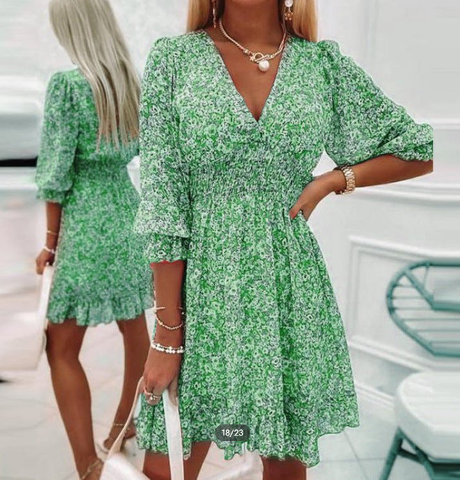 Mid-Length Dress Pullover Print Short Sleeve Puff Sleeve Mid-Waist Floral Dress