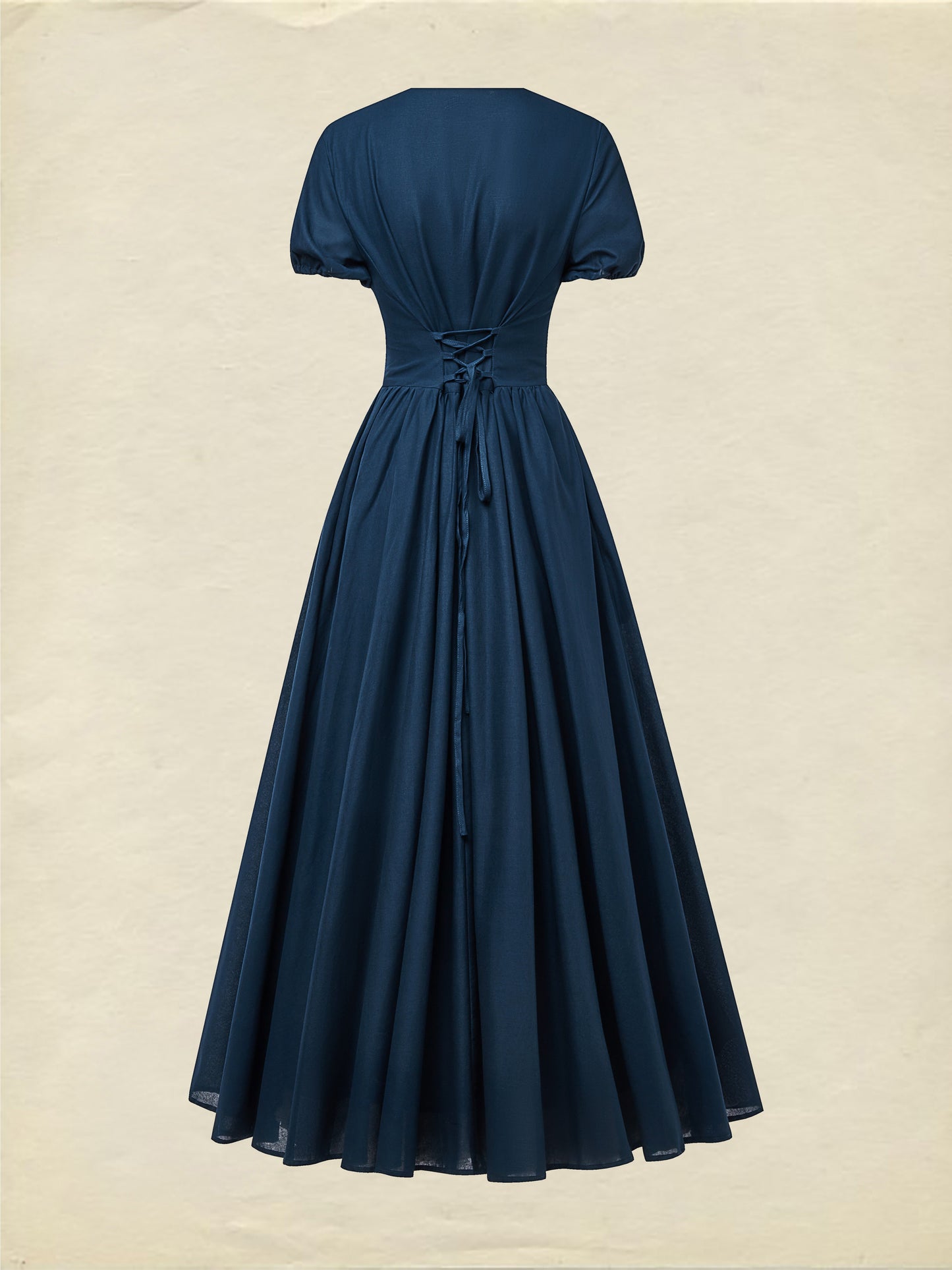 Maxi Linen Dress , Short Sleeves, V Neck, Plain, Lace, Vintage, Blue