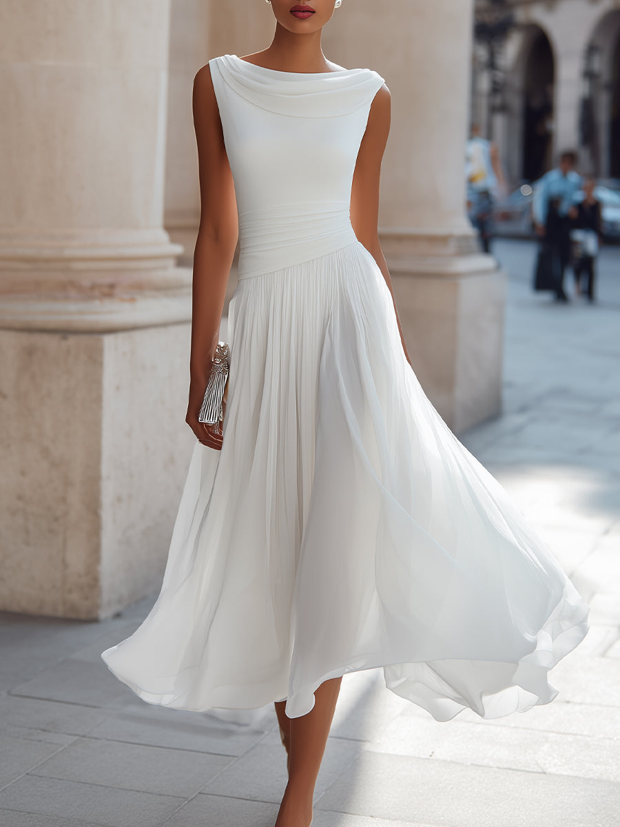 Draped Neck Sleeveless Pleated Midi Dress