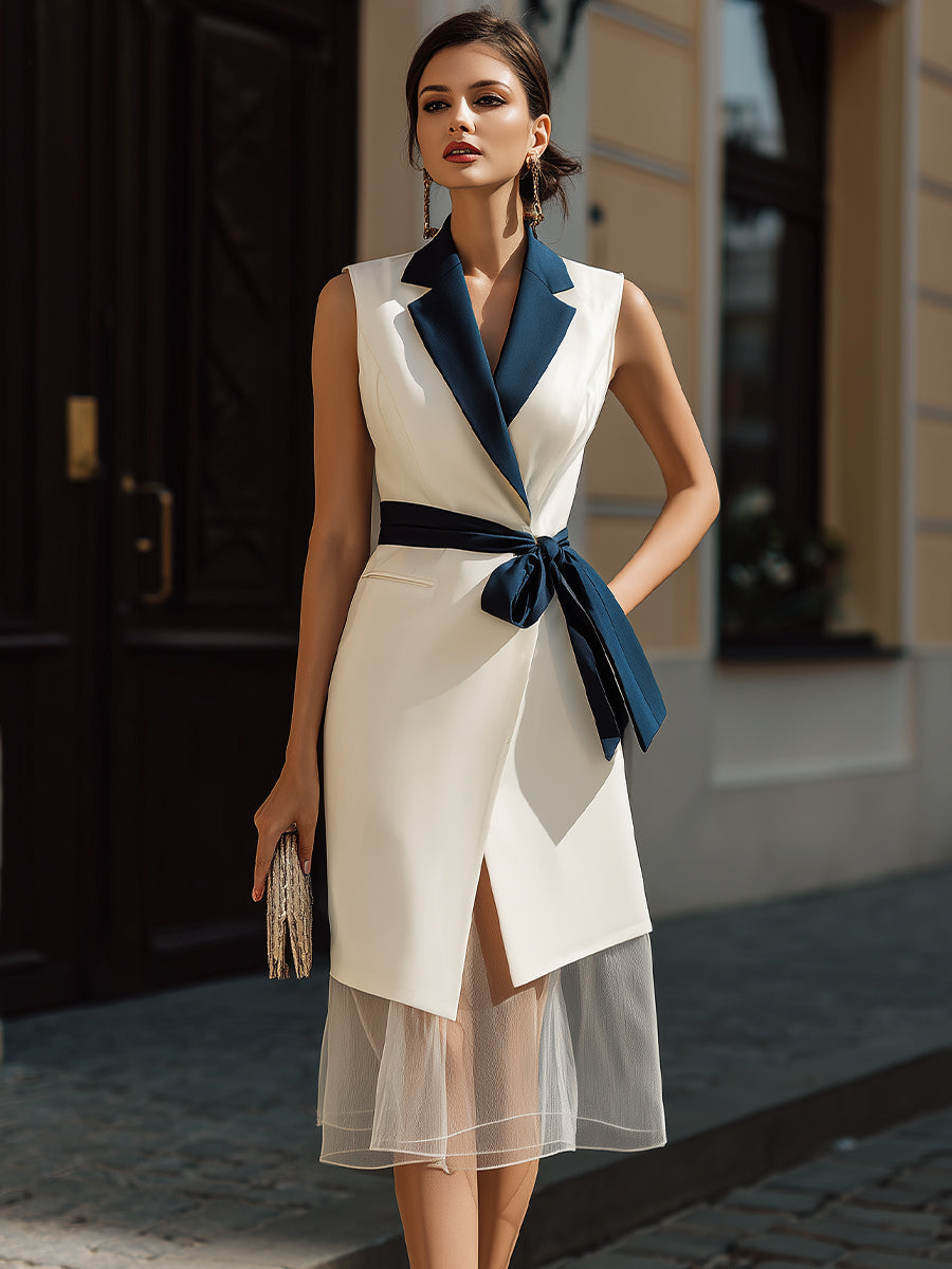 Sleeveless Contrast Lapel Belted Midi Dress