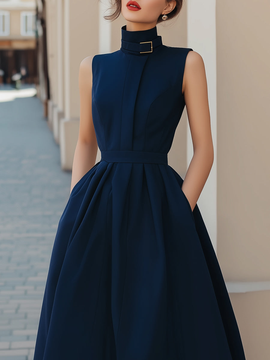 Belted High-Neck Sleeveless A-Line Dress