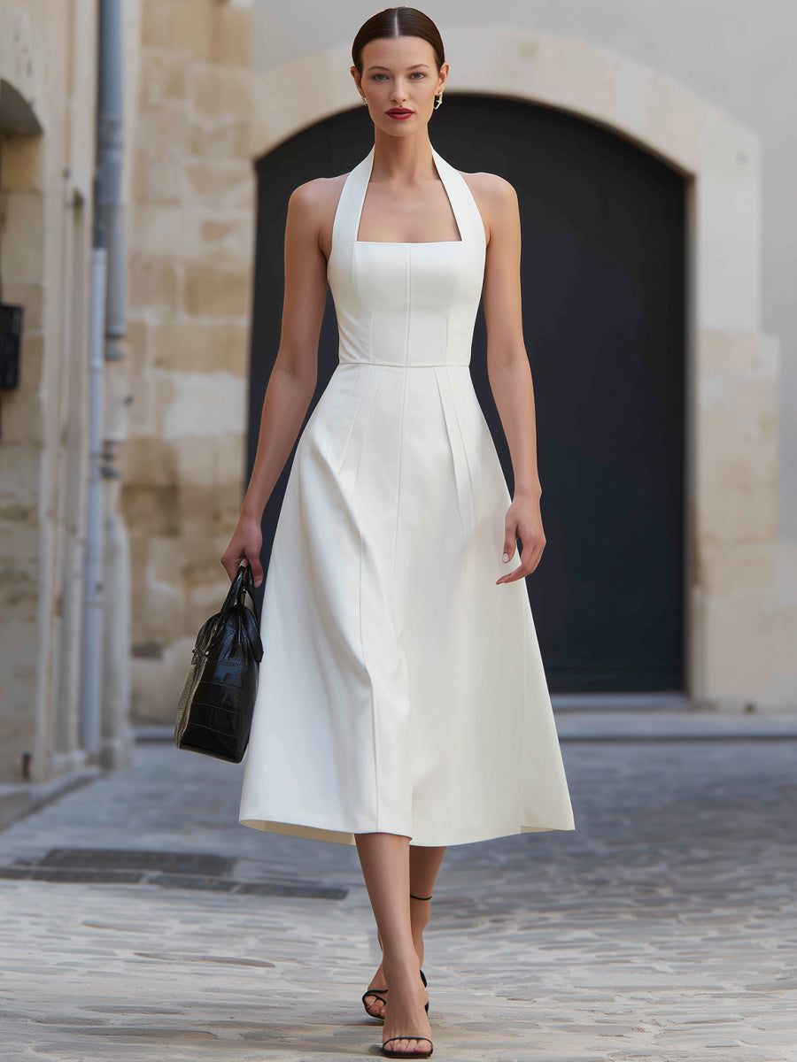 White Halter Neck Tailored Midi Dress