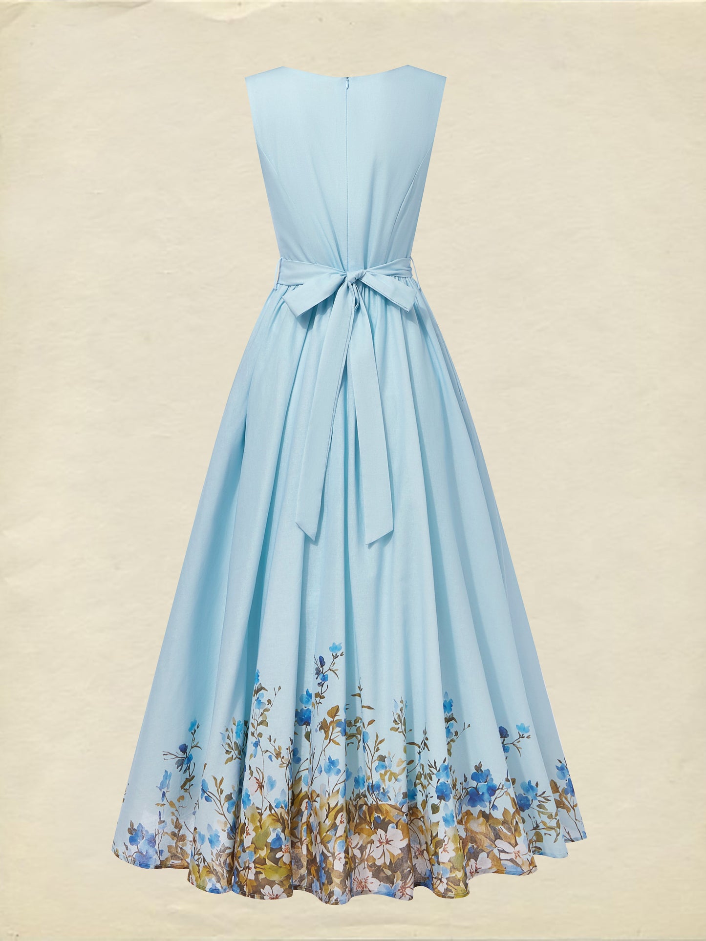 Maxi Linen Dress , Sleeveless, Round Neck, Floral, Button Design, French Vintage, Sky Blue