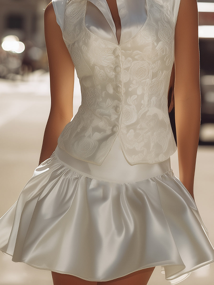 Elegant Floral Jacquard Vest & Sleeveless Flared Dress Set