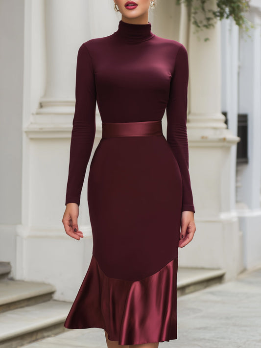 High-Neck Satin Hem Midi Dress