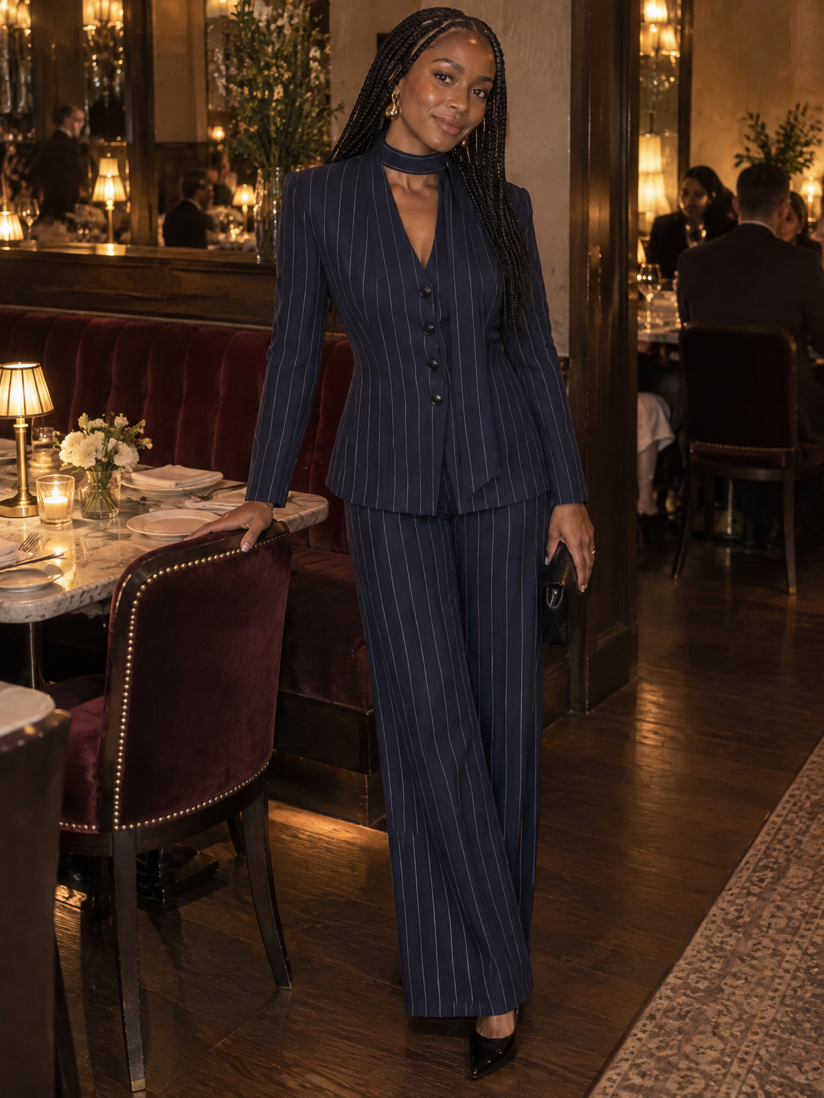 Pinstripe V-Neck Tie Neck Blazer & Wide Leg Pants Co-Ord Set