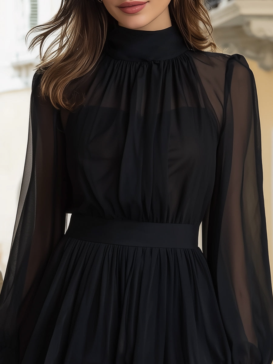 Sheer Chiffon High-Neck Long Sleeve Mini Dress