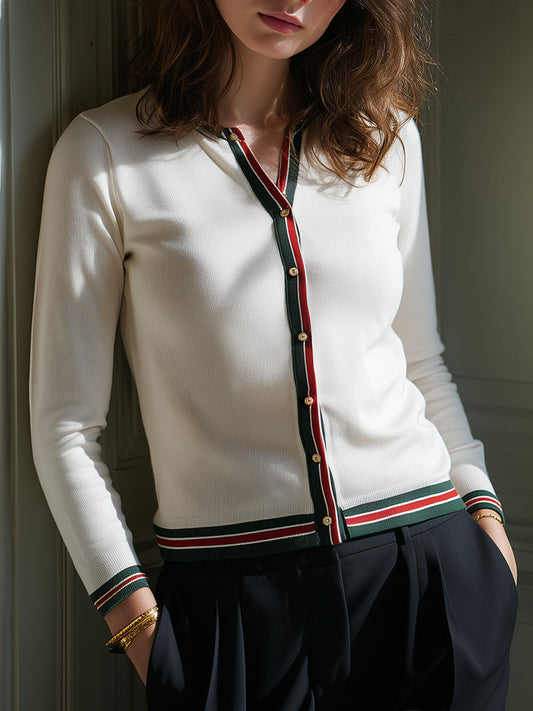 Trim Detail Button-Front Knit Cardigan