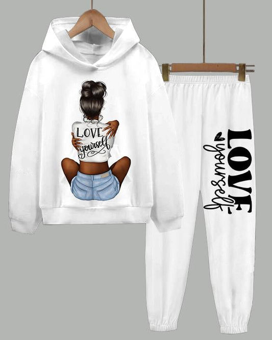 Love Yourself Print Long Sleeve Hoodie Two Pieces Set