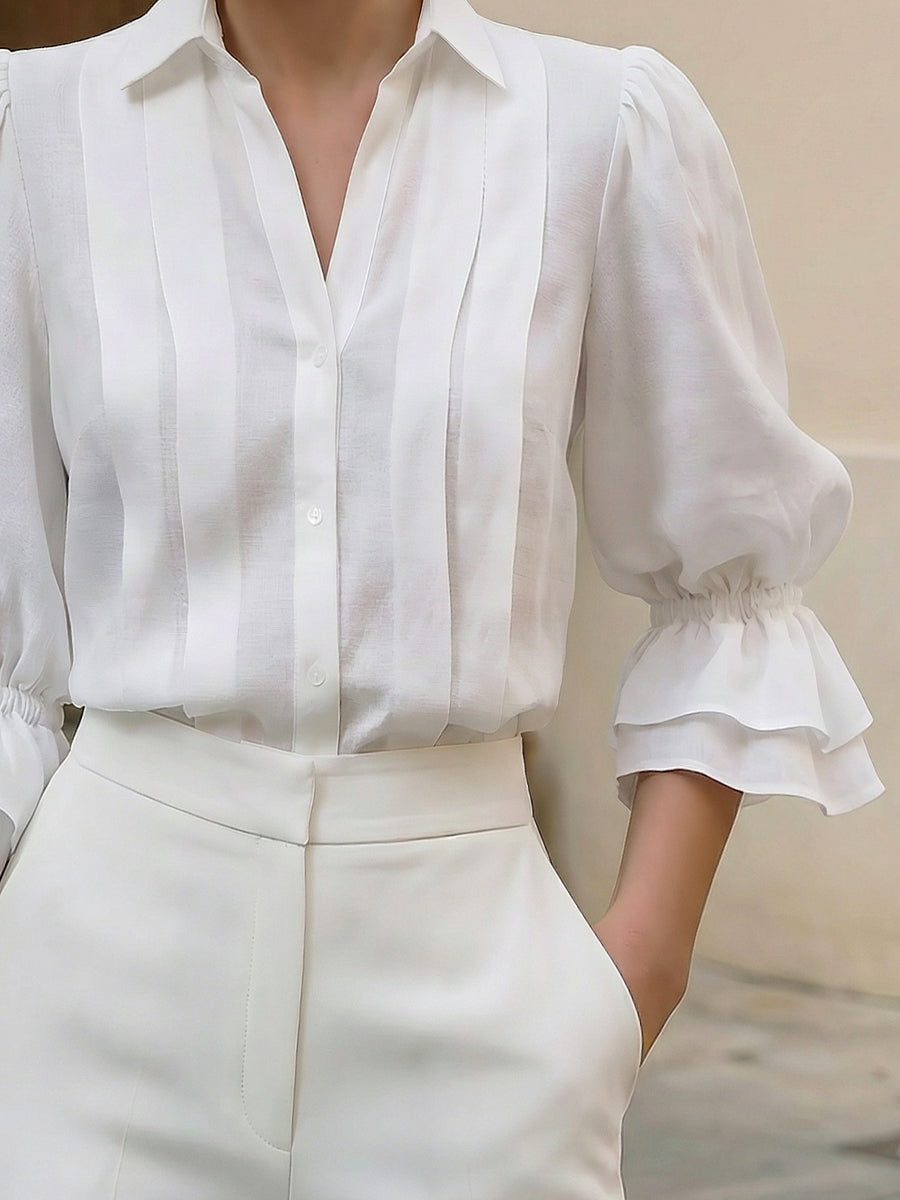 Ruffle Cuff Pintuck Button-Front Blouse