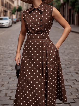 Midi Cotton Dress , Sleeveless, Shawl Collar, Polka Dots, Button Design, French Vintage, Purplish Blue