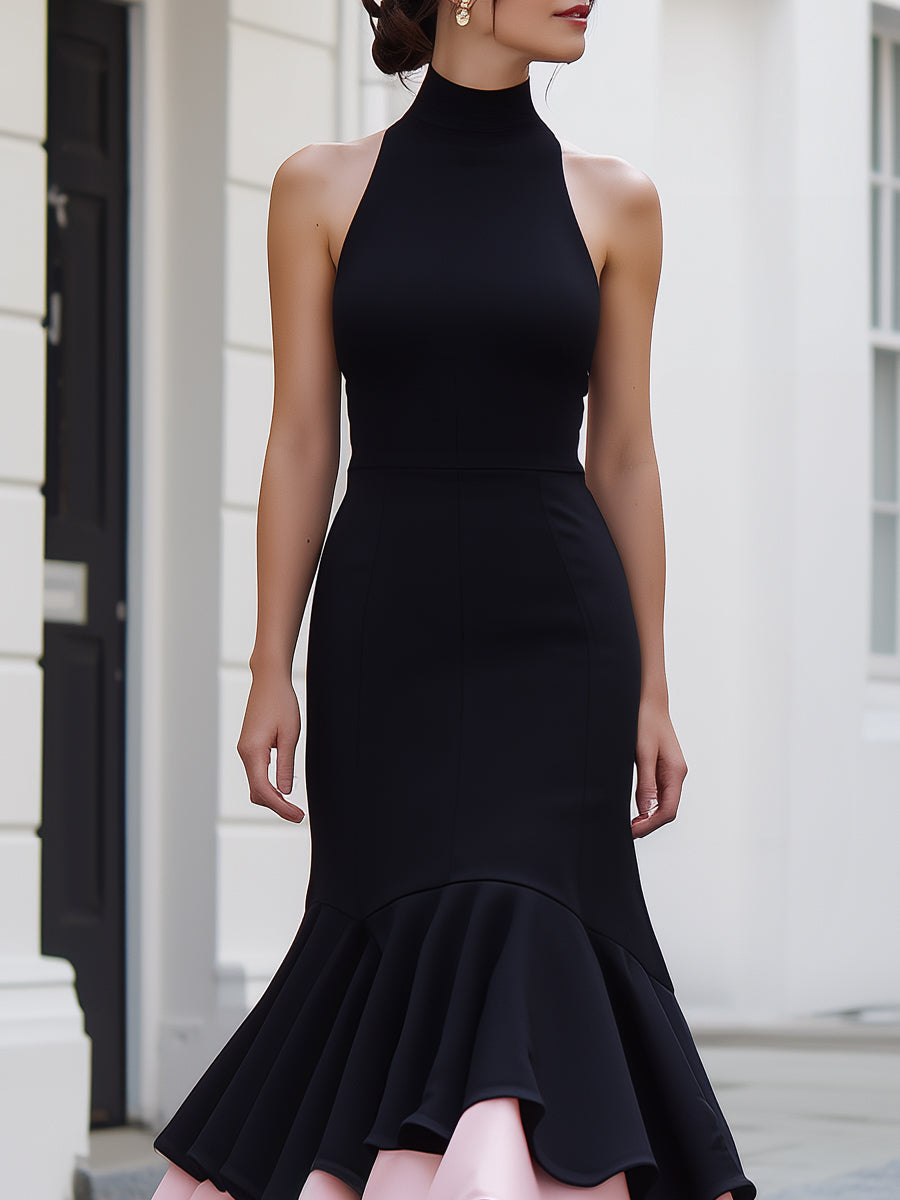 Two-Tone Halter Neck Mermaid Midi Dress With Layered Hem