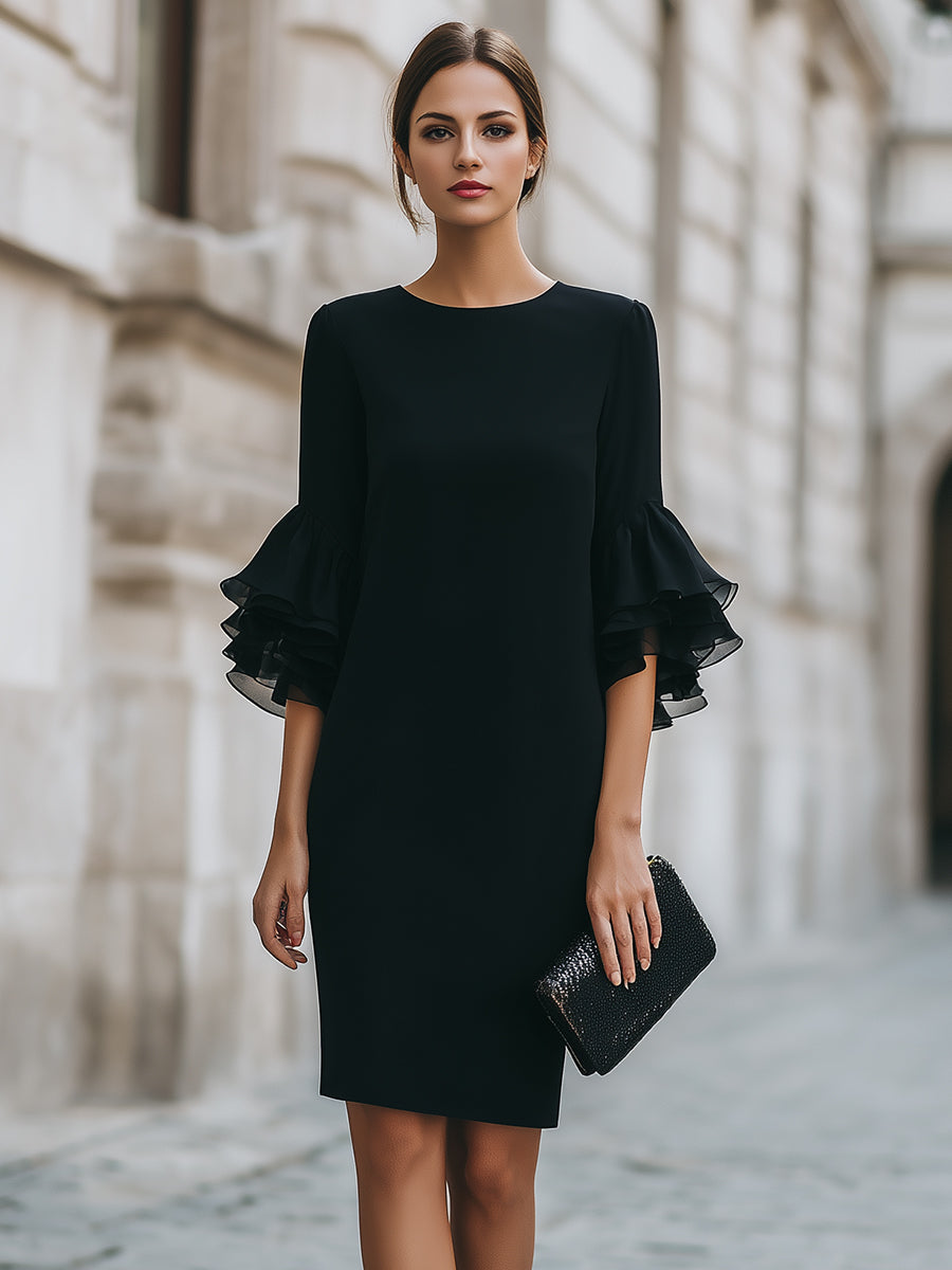 Black Dress With Ruffled Sheer Sleeves