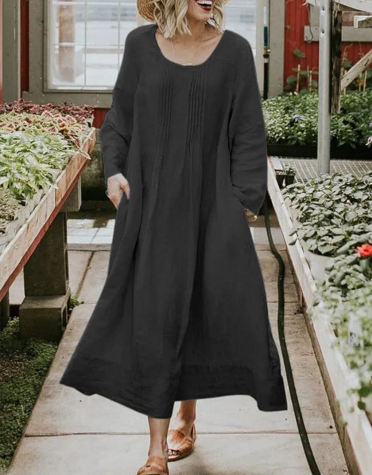 Plus Size Autumn Pleated Pocket Solid Color Long Sleeve Cotton and Linen Dress