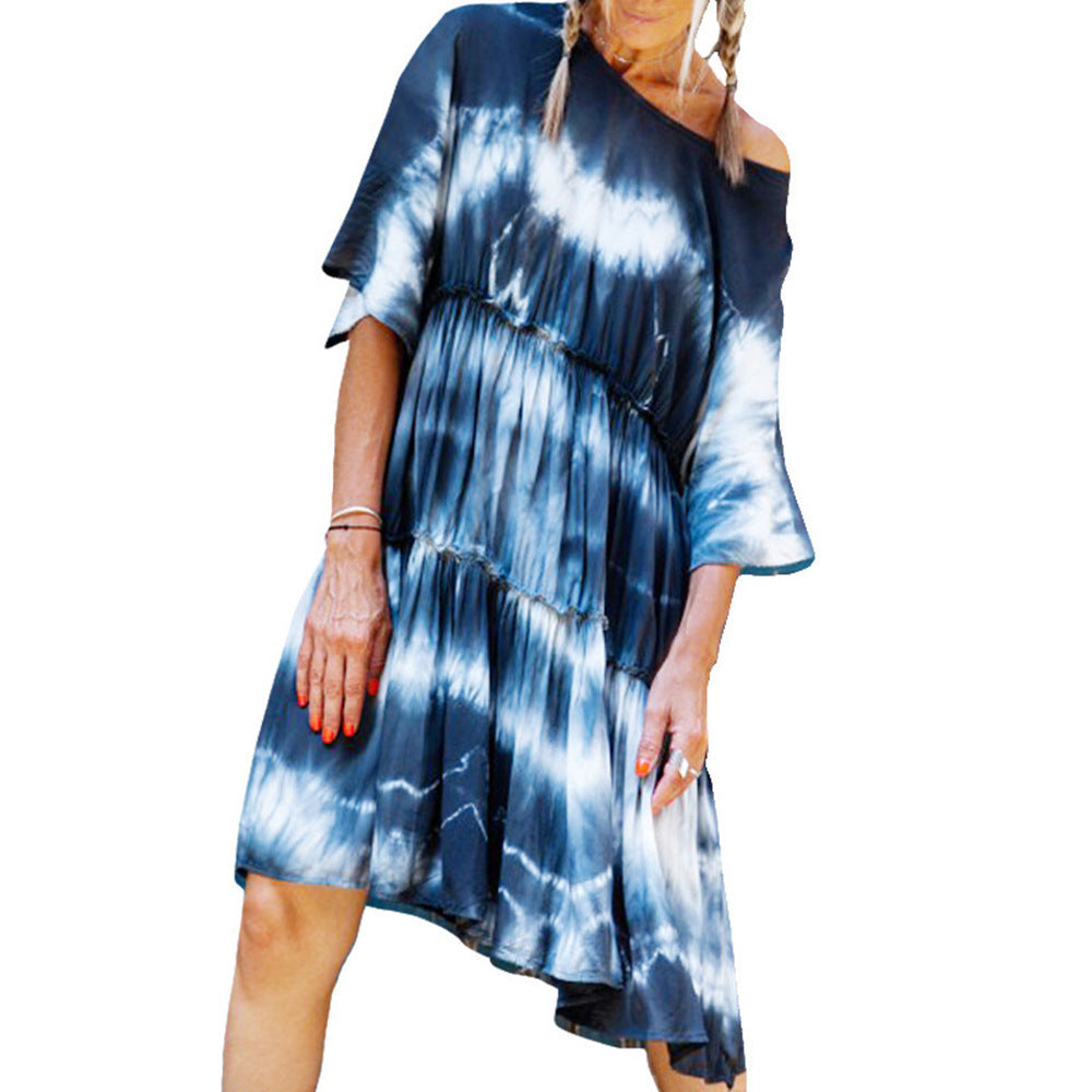 round Neck Shirt with Half Sleeve Tie-Dye Loose Dress