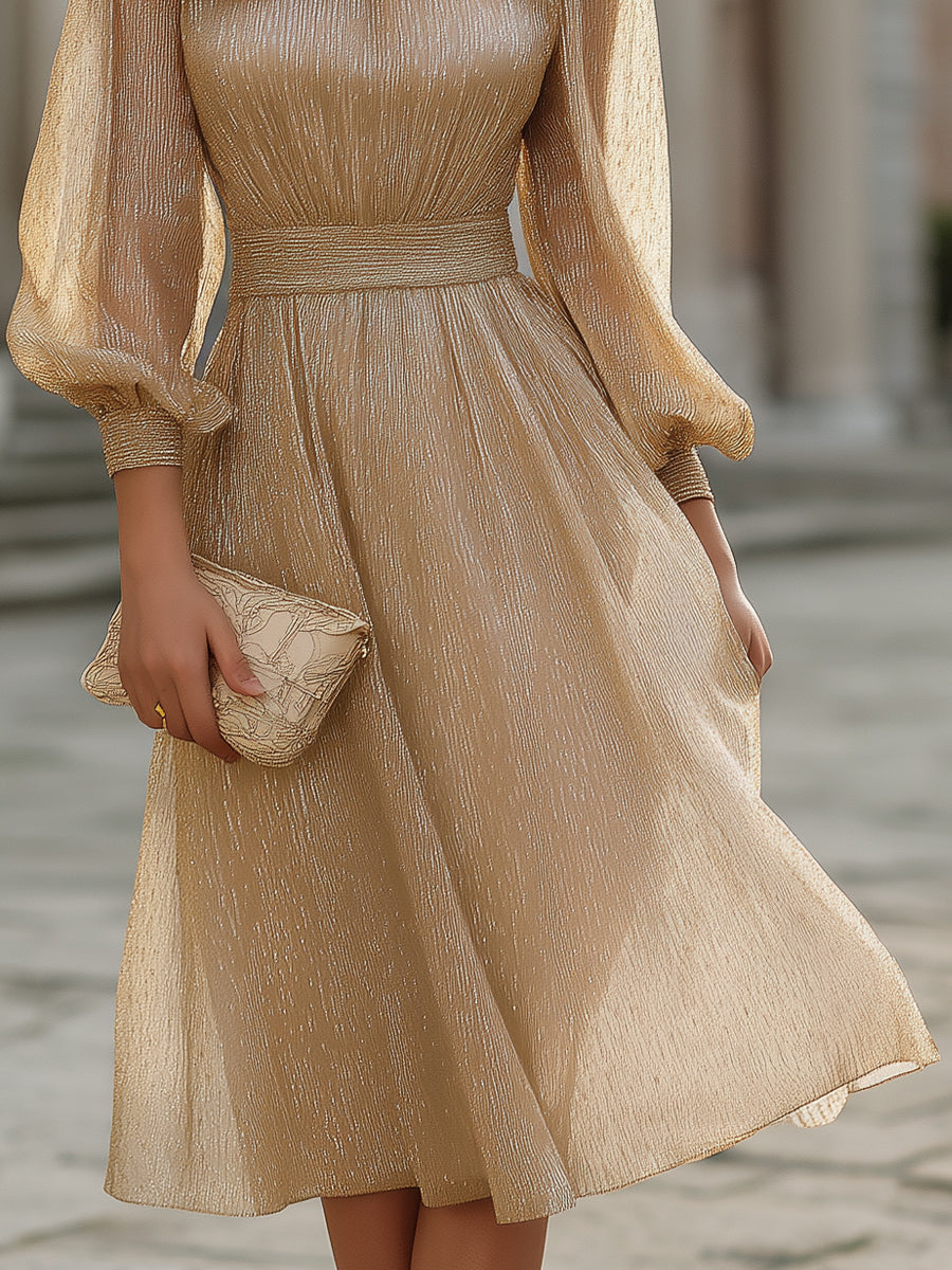 Pleated High-Neck Midi Dress