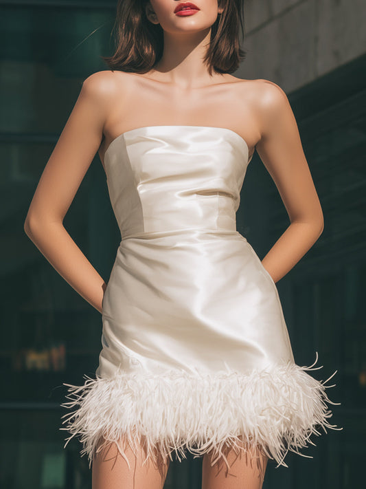 Ivory Strapless Satin Mini Dress With Feather Hem
