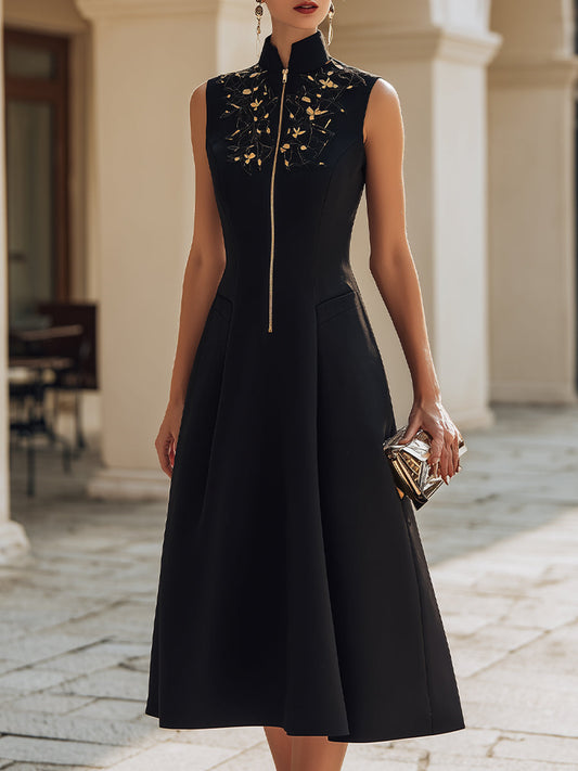 Embroidered Stand-Collar Zip-Front Midi Dress